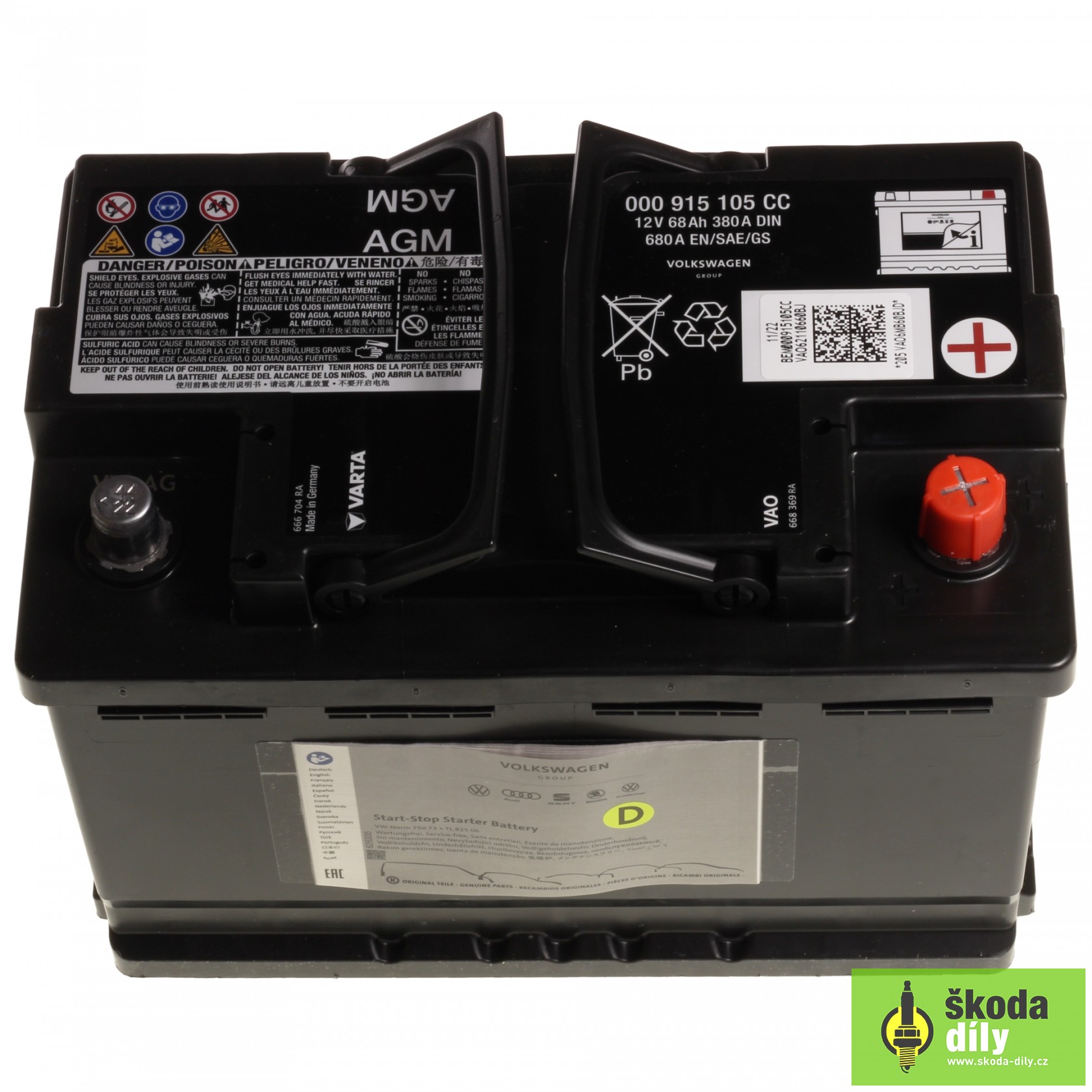 Car Battery 12V 68AH AGM Škoda